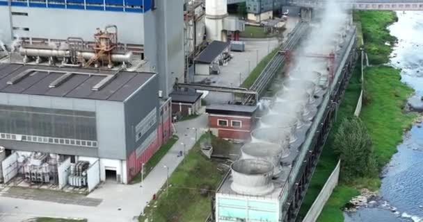 Aerial Drone Shot Coal Power Plant Two High Cooling Towers — Vídeos de Stock