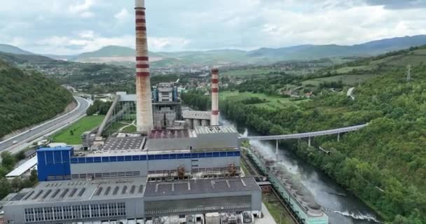 Aerial Drone Shot Coal Power Plant Two High Cooling Towers — Vídeos de Stock