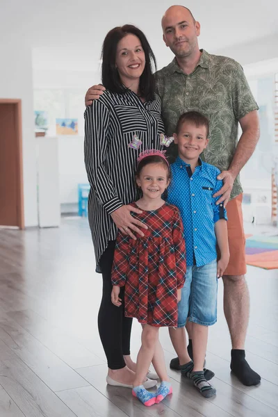 Portrait Happy Family Photo Parents Children Modern Preschool Classroom Selective — Stockfoto