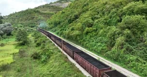 铁路货车在铁路上行驶 用集装箱运输和交付货物 从空中俯瞰河流和煤电厂附近的火车 高质量的4K镜头 — 图库视频影像