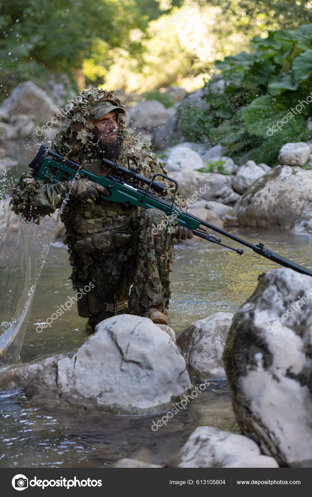 Sniper in Camouflaged Suit with Rifle Stock Image - Image of