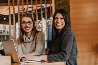 Bir kafede masada oturan iki genç iş kadını. Kız bilgisayar ekranında iş arkadaşı bilgilerini gösteriyor. Akıllı telefon kullanan, blog yazan bir kız. Takım çalışması, iş toplantıları. Yüksek kaliteli fotoğraf.