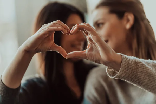 Diverses Filles Couple Lesbien Étreignant Regardant Caméra Montrant Symbole Coeur — Photo