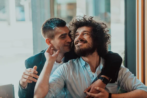 Portrait Multiethnic Diverse Gay Lgbt Romantic Male Couple Embracing Showing — Stock Photo, Image