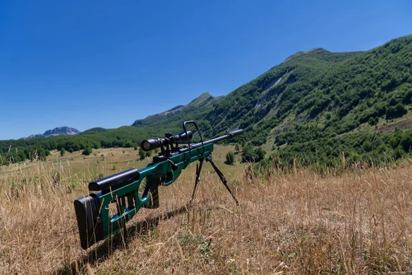 녹색의 소총으로 장거리 전술적 전쟁의 영역을 배경으로 잔디와 하늘에서 Quality — 스톡 사진