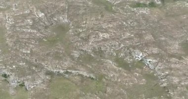 Uçan İHA 'nın, bozkırda dört nala koşan vahşi at sürüsünün üzerinde uçarken çekilmiş havadan çekilmiş yavaş çekim görüntüleri. Bulutlu doğal manzara. Vahşi doğa, arka planda dağlar. 