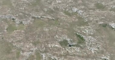 Uçan İHA 'nın, bozkırda dört nala koşan vahşi at sürüsünün üzerinde uçarken çekilmiş havadan çekilmiş yavaş çekim görüntüleri. Bulutlu doğal manzara. Vahşi doğa, arka planda dağlar. 