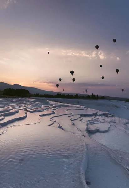 Pamukkale Travertines Cinematic Aerial Drone Footage Turkish Famous White Thermal —  Fotos de Stock