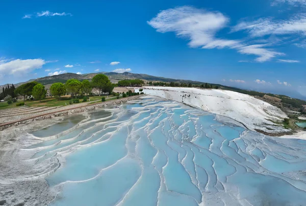 Pamukkale Travertines Cinematic Aerial Drone Footage Turkish Famous White Thermal — Stockfoto
