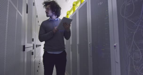 Engineer Data Science Specialist Working Tablet Computer Server Room Modern — Stock Video