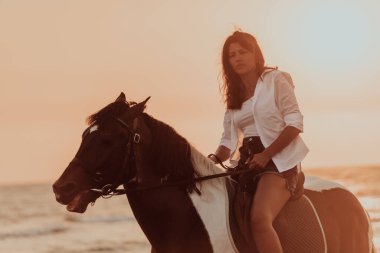 Yaz kıyafetleri içinde bir kadın gün batımında kumlu güzel bir sahilde ata binmekten hoşlanır. Seçici odaklanma. Yüksek kalite fotoğraf