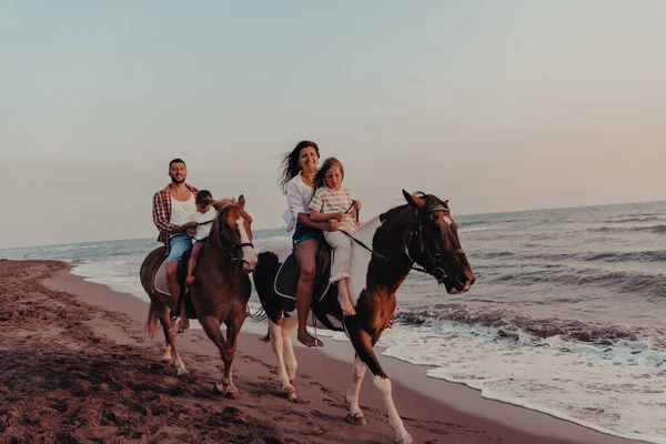 Family Spends Time Children While Riding Horses Together Sandy Beach — Stock Fotó