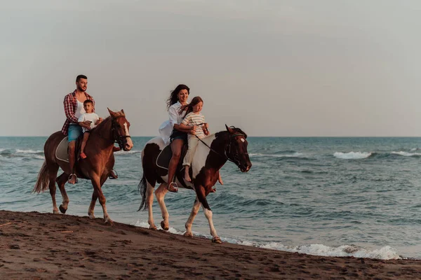 Family Spends Time Children While Riding Horses Together Sandy Beach — Stockfoto