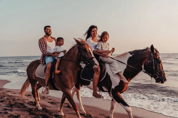 Family Spends Time Children While Riding Horses Together Sandy Beach — Stock Fotó