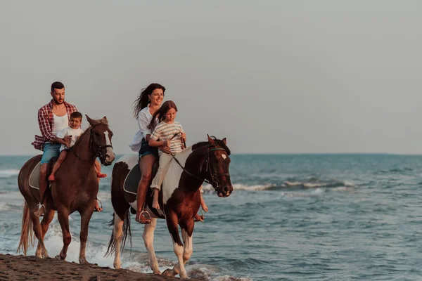 Family Spends Time Children While Riding Horses Together Sandy Beach — 图库照片