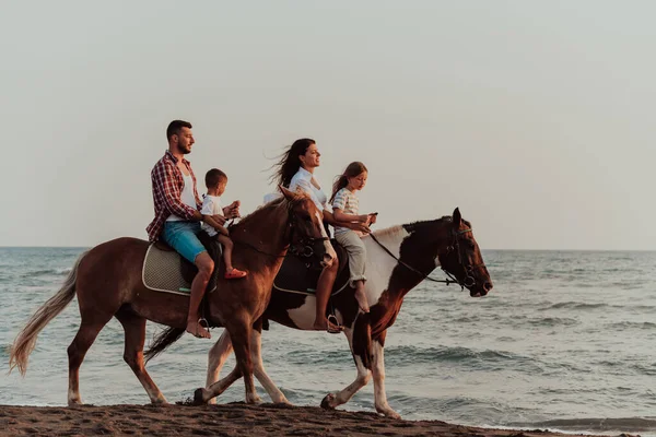 Family Spends Time Children While Riding Horses Together Sandy Beach — Stok fotoğraf