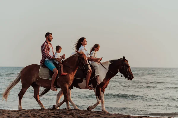 Family Spends Time Children While Riding Horses Together Sandy Beach — 스톡 사진