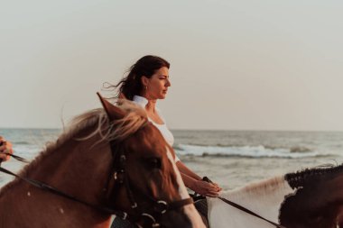 Yaz kıyafetleri içinde bir kadın gün batımında kumlu güzel bir sahilde ata binmekten hoşlanır. Seçici odaklanma. Yüksek kalite fotoğraf