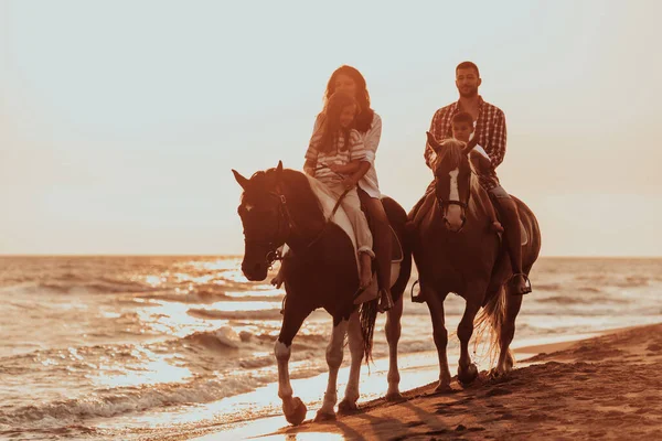 Family Spends Time Children While Riding Horses Together Sandy Beach — 스톡 사진