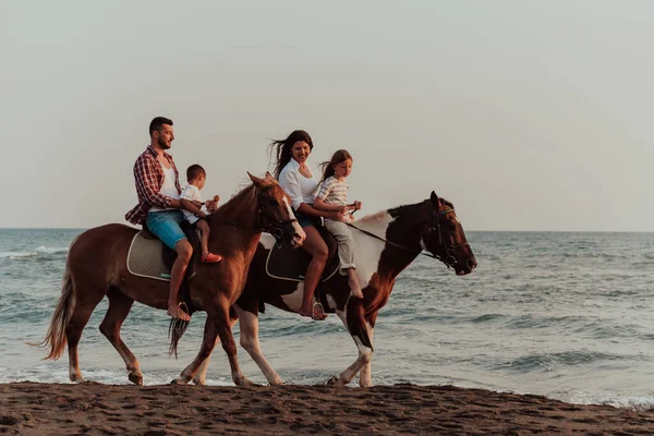 Family Spends Time Children While Riding Horses Together Sandy Beach — Zdjęcie stockowe