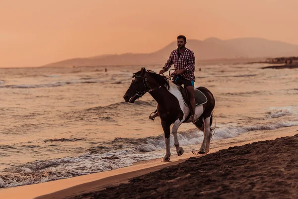 Ein Moderner Mann Sommerkleidung Genießt Bei Sonnenuntergang Auf Einem Pferd — Stockfoto
