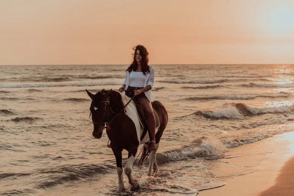 Woman Summer Clothes Enjoys Riding Horse Beautiful Sandy Beach Sunset — Foto de Stock