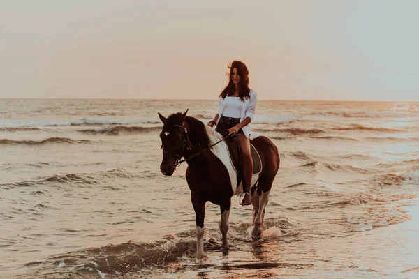 Woman Summer Clothes Enjoys Riding Horse Beautiful Sandy Beach Sunset — Φωτογραφία Αρχείου