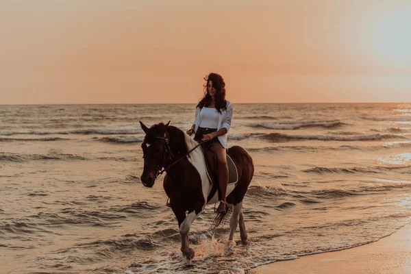 Woman Summer Clothes Enjoys Riding Horse Beautiful Sandy Beach Sunset — Zdjęcie stockowe