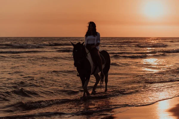 Woman Summer Clothes Enjoys Riding Horse Beautiful Sandy Beach Sunset — Foto de Stock