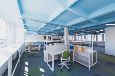 Masası, modern şık sandalyeleri ve masaüstü bilgisayarı olan rahat ışıklı toplantı odasının içi şirket toplantısına hazır. İş dünyasının boş, ferah ofisi ya da yaratıcı ortak çalışma alanı. Kalite