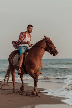 Yaz kıyafetleri içinde modern bir adam gün batımında kumlu güzel bir sahilde ata binmekten hoşlanır. Seçici odaklanma. Yüksek kalite fotoğraf