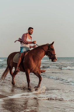Yaz kıyafetleri içinde modern bir adam gün batımında kumlu güzel bir sahilde ata binmekten hoşlanır. Seçici odaklanma. Yüksek kalite fotoğraf