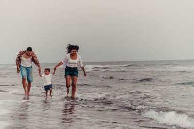 The family enjoys their vacation as they walk the sandy beach with their son. Selective focus . High quality photo