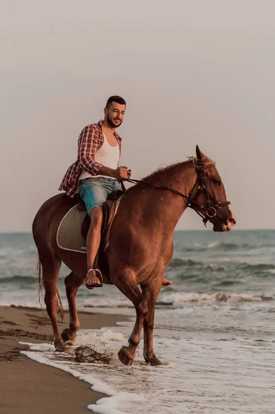 Modern Man Summer Clothes Enjoys Riding Horse Beautiful Sandy Beach — Zdjęcie stockowe