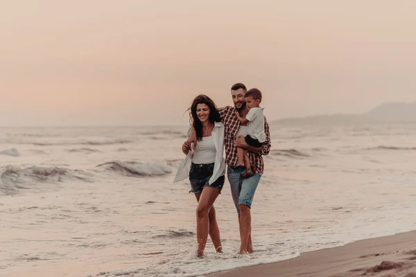 Family Enjoys Vacation Walk Sandy Beach Son Selective Focus High — ストック写真