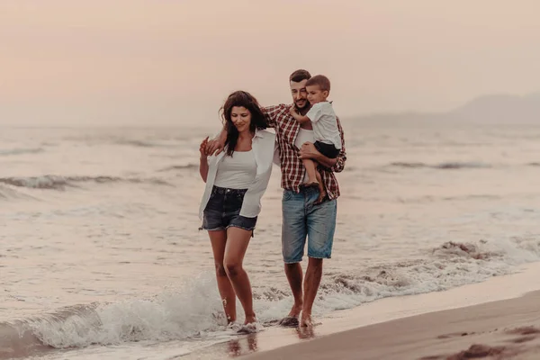 Family Enjoys Vacation Walk Sandy Beach Son Selective Focus High —  Fotos de Stock
