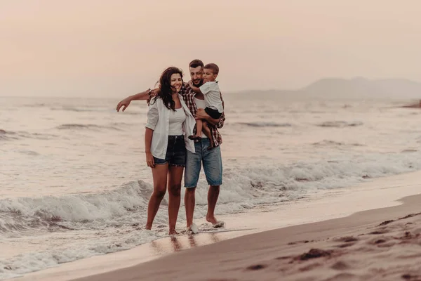 Family Enjoys Vacation Walk Sandy Beach Son Selective Focus High —  Fotos de Stock