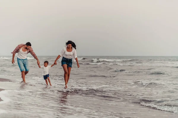 Family Enjoys Vacation Walk Sandy Beach Son Selective Focus High — Foto Stock