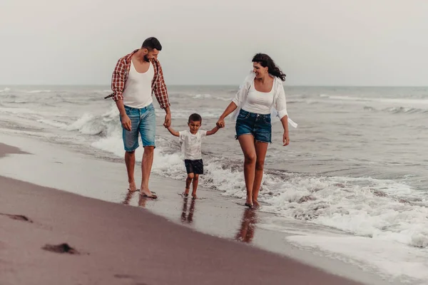 Family Enjoys Vacation Walk Sandy Beach Son Selective Focus High — Stok fotoğraf