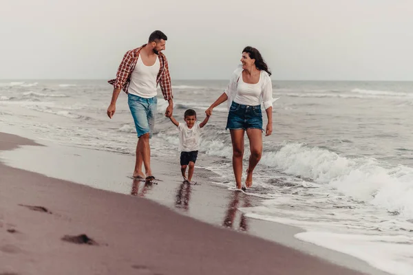 Family Enjoys Vacation Walk Sandy Beach Son Selective Focus High — Fotografia de Stock