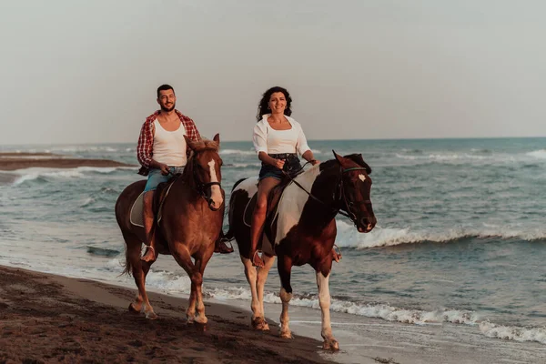 Loving Couple Summer Clothes Riding Horse Sandy Beach Sunset Sea — Photo