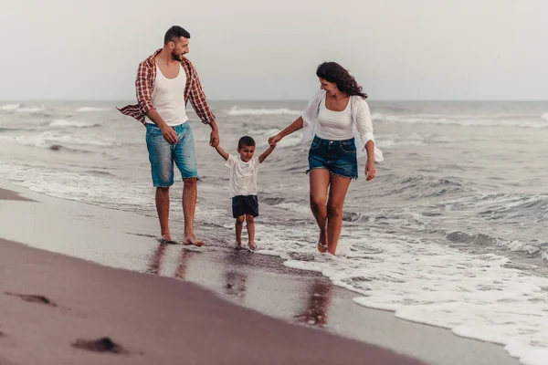 Family Enjoys Vacation Walk Sandy Beach Son Selective Focus High — Stock fotografie