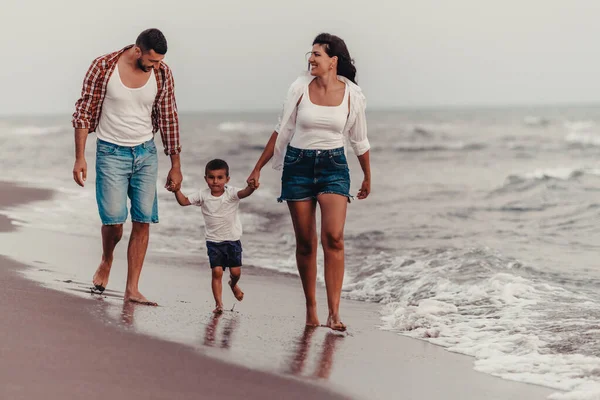 Family Enjoys Vacation Walk Sandy Beach Son Selective Focus High — 图库照片