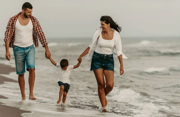 Family Enjoys Vacation Walk Sandy Beach Son Selective Focus High — 스톡 사진