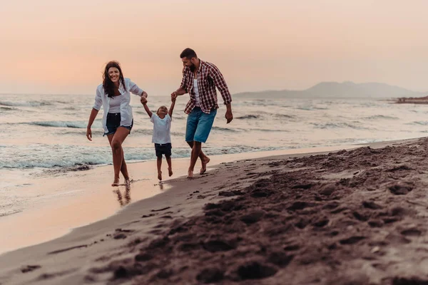 Family Enjoys Vacation Walk Sandy Beach Son Selective Focus High — Stok fotoğraf