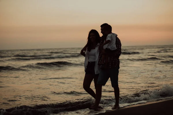 Family Enjoys Vacation Walk Sandy Beach Son Selective Focus High — стоковое фото