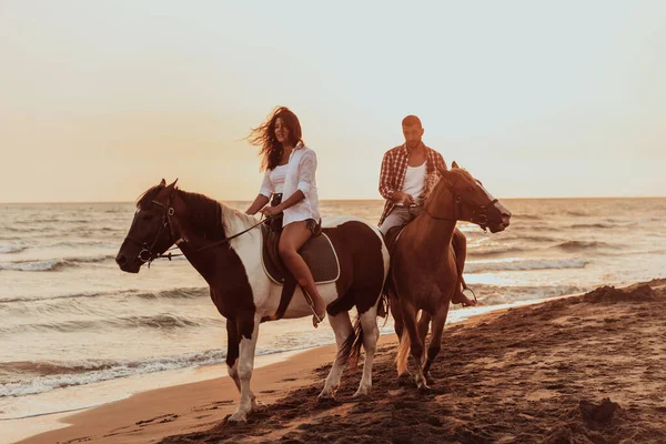 Loving Couple Summer Clothes Riding Horse Sandy Beach Sunset Sea Stock Photo