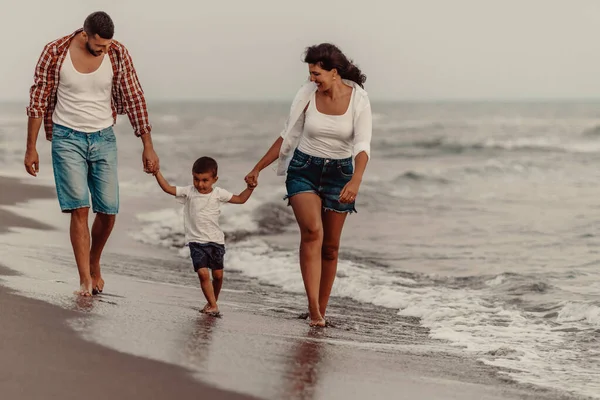 Family Enjoys Vacation Walk Sandy Beach Son Selective Focus High — Foto de Stock