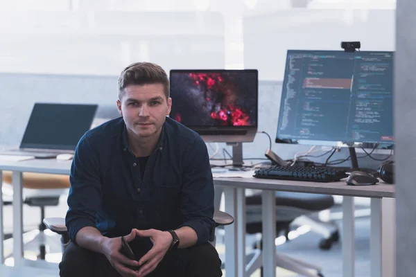 Programming. Man Working On Computer In IT Office, Sitting At Desk Writing Codes. Programmer Typing Data Code, Working On Project In Software Development Company. High Quality Image. High quality