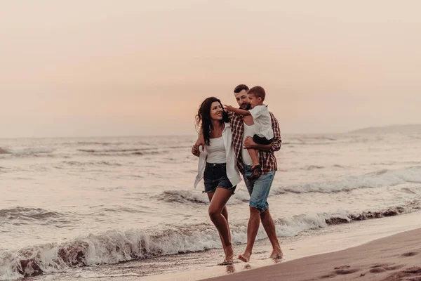 Family Enjoys Vacation Walk Sandy Beach Son Selective Focus High — Stock Fotó